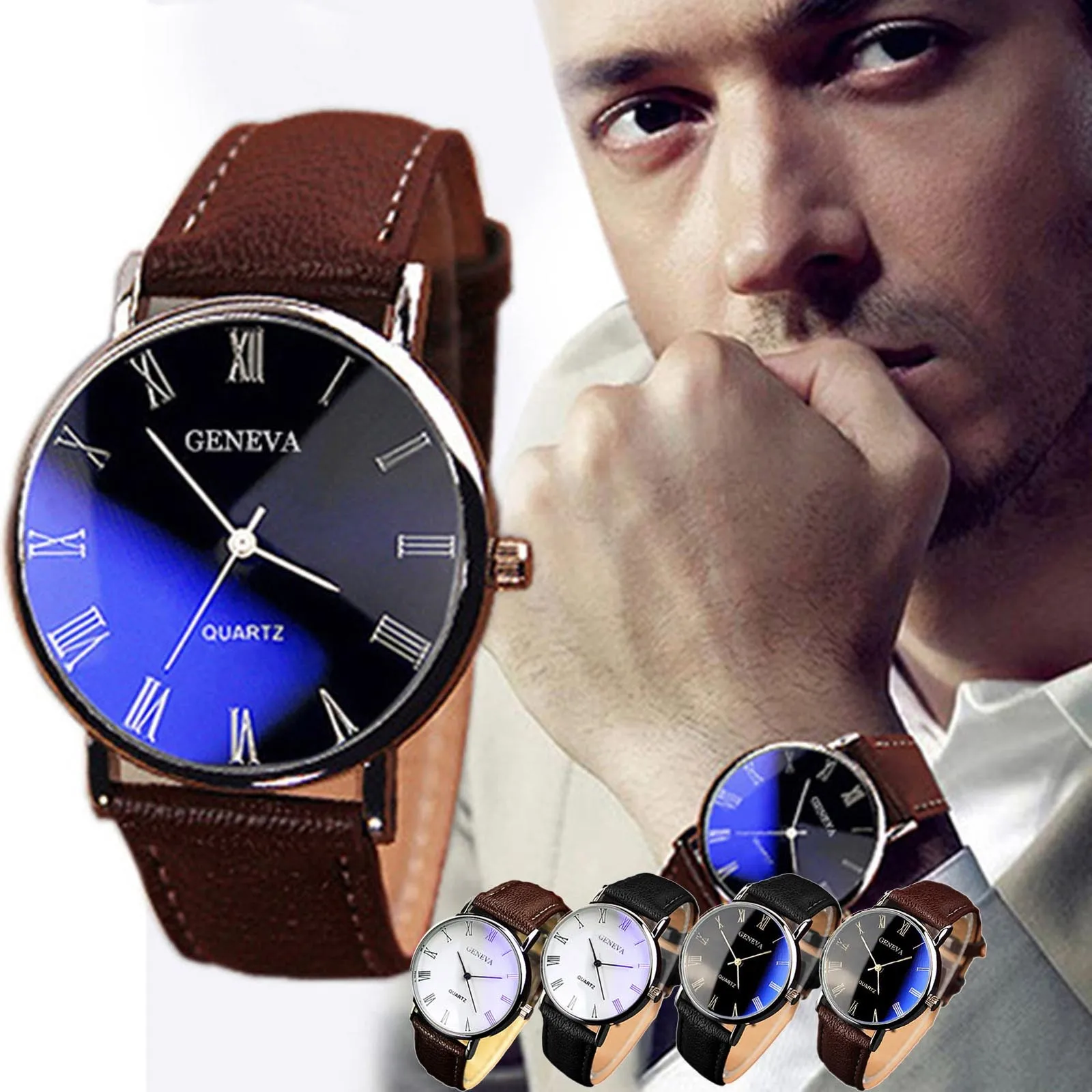 

Men Watch Roman Numerals Blu-Ray Faux Leather Band Quartz Analog Business Wrist Watch montre homme часы мужские наручные