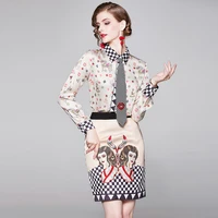 women office work sets uniforms fashion two piece skirt printing long sleeve tops embroidery short skirt female