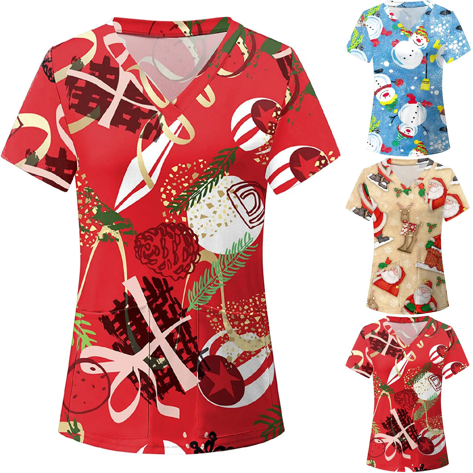 

New Women's Clothing Christmas Print V-Neck Short Sleeve Nurse Tops Working Uniform Print Workwear Blouses Pullover T-Shirts Top