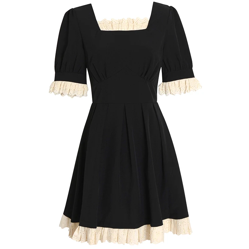 Женское кружевное мини-платье летнее винтажное с квадратным вырезом и оборками |