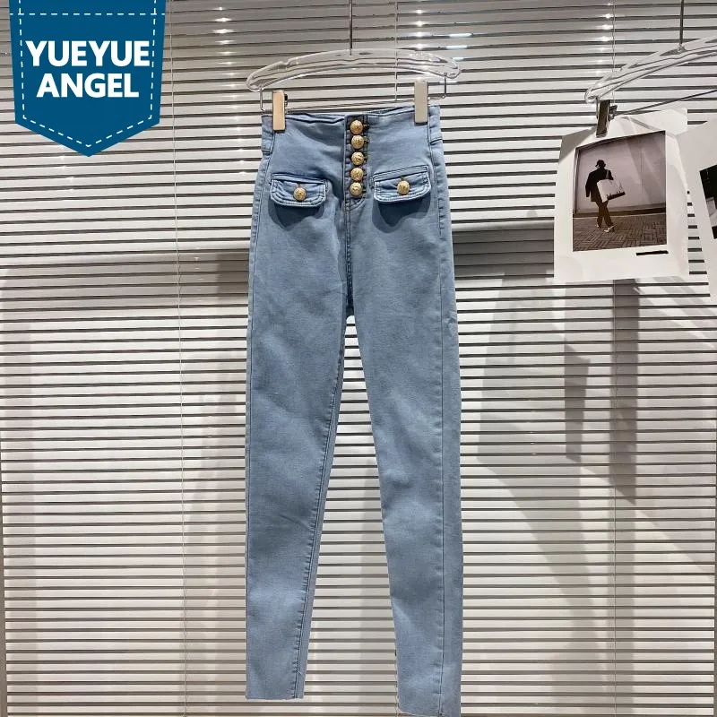 

Korean Style New Womens Metal Button Elegant High Waist Stretch Pencil Pants Office Lady Double Pockets Fashion Skinny Jeans