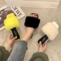 2021 new european and american large size hair slippers women wear network red new south korea flat bottom flip flops casual sli