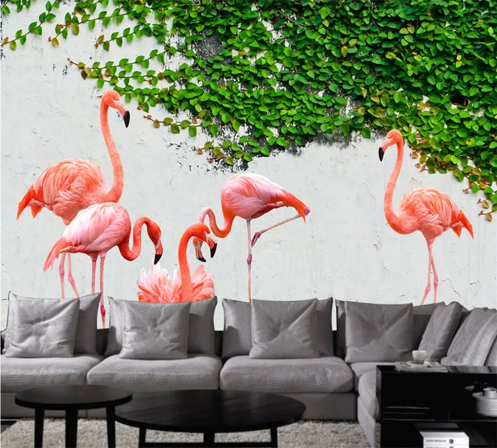 Пользовательские 3D Обои фреска Фламинго зеленый лист ТВ Фон Стена | Обустройство