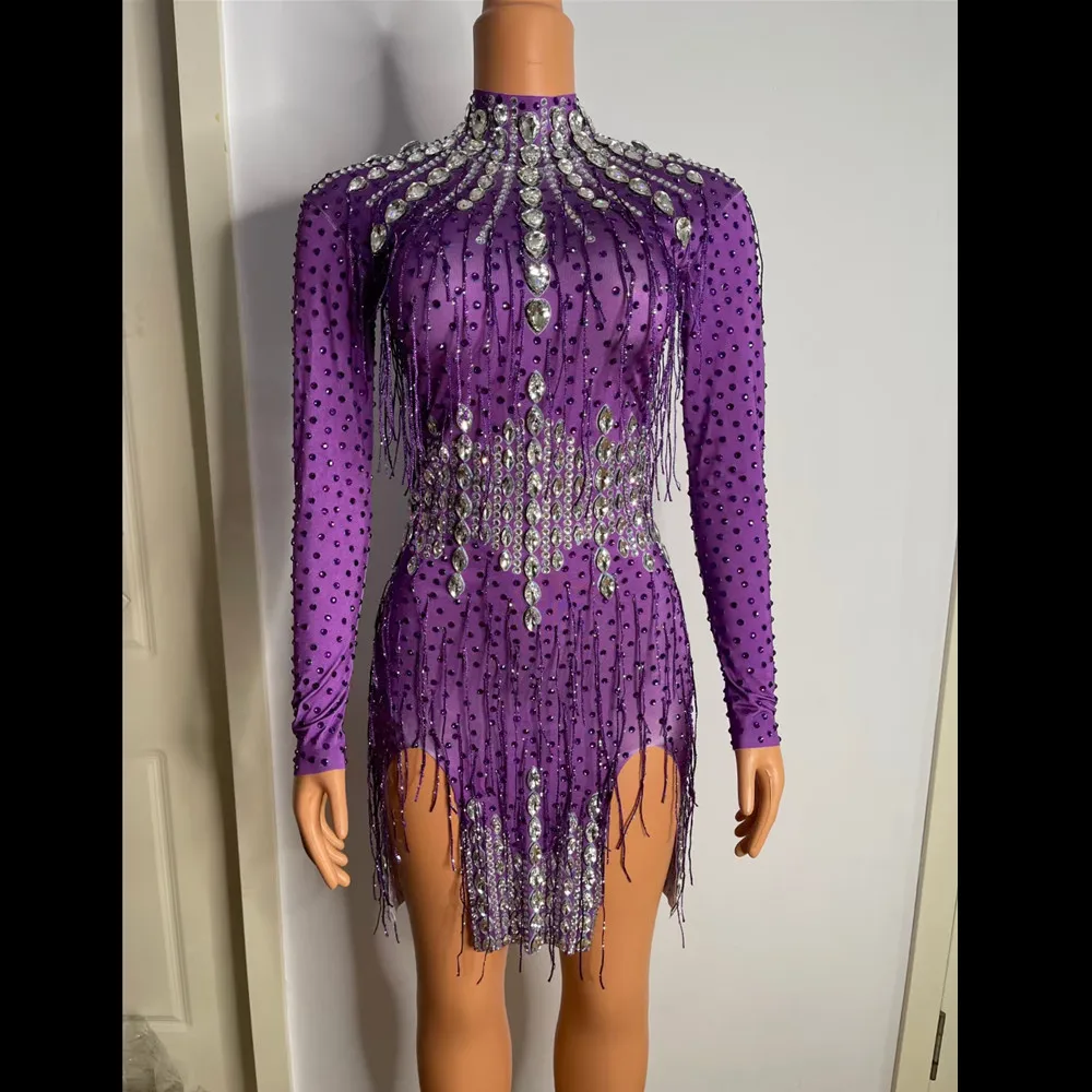 

Shining Rhinestone Tassel Party Prom Dress Women Sexy Purple Birthday Celebration Crystal Dress Dancer Fringes Dress Stage Wear