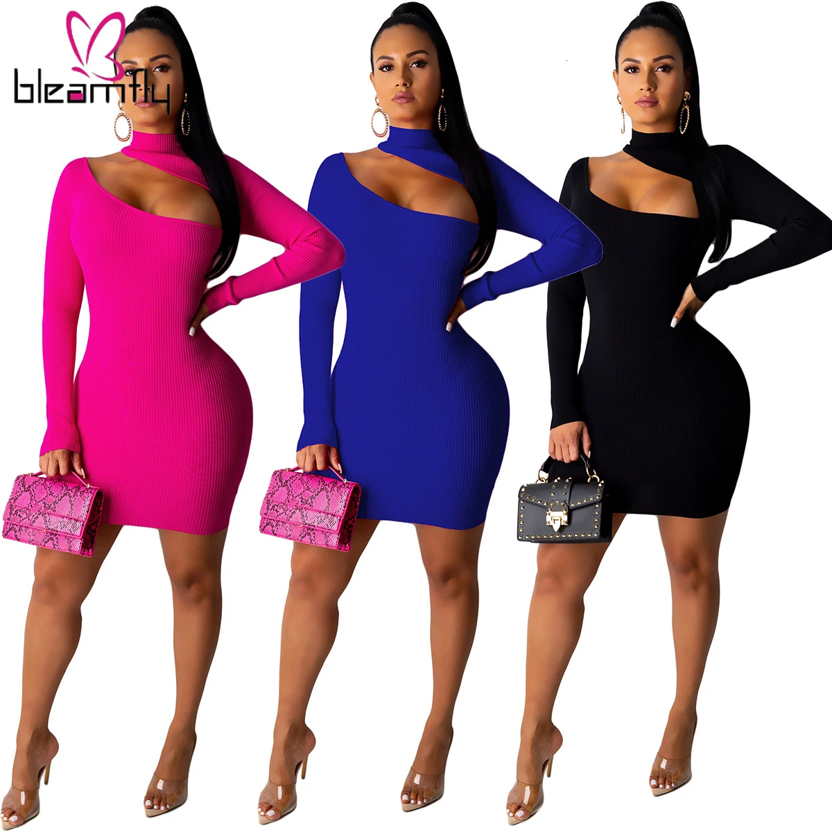 2019 осеннее женское трикотажное облегающее мини платье с вырезами на плечах и