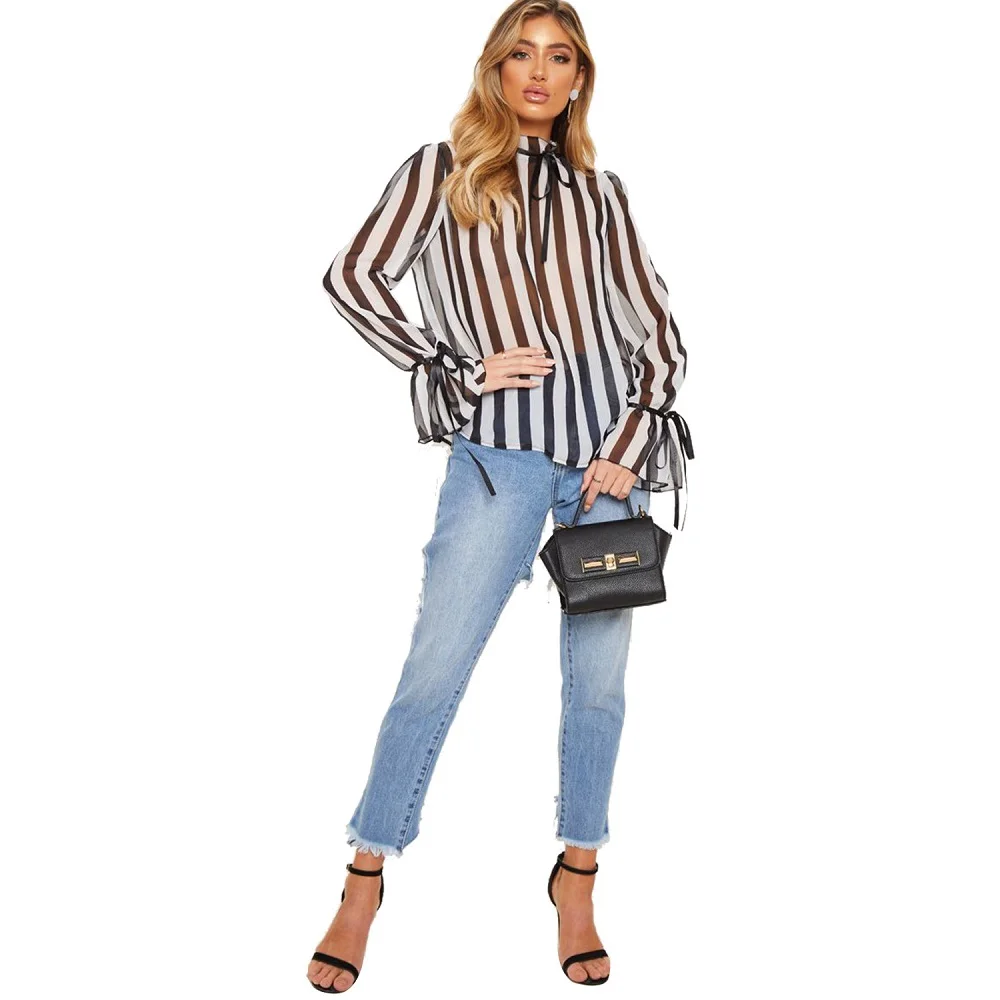 Phi Star Сексуальная водолазка с расклешенными рукавами Топ в полоску перспективная