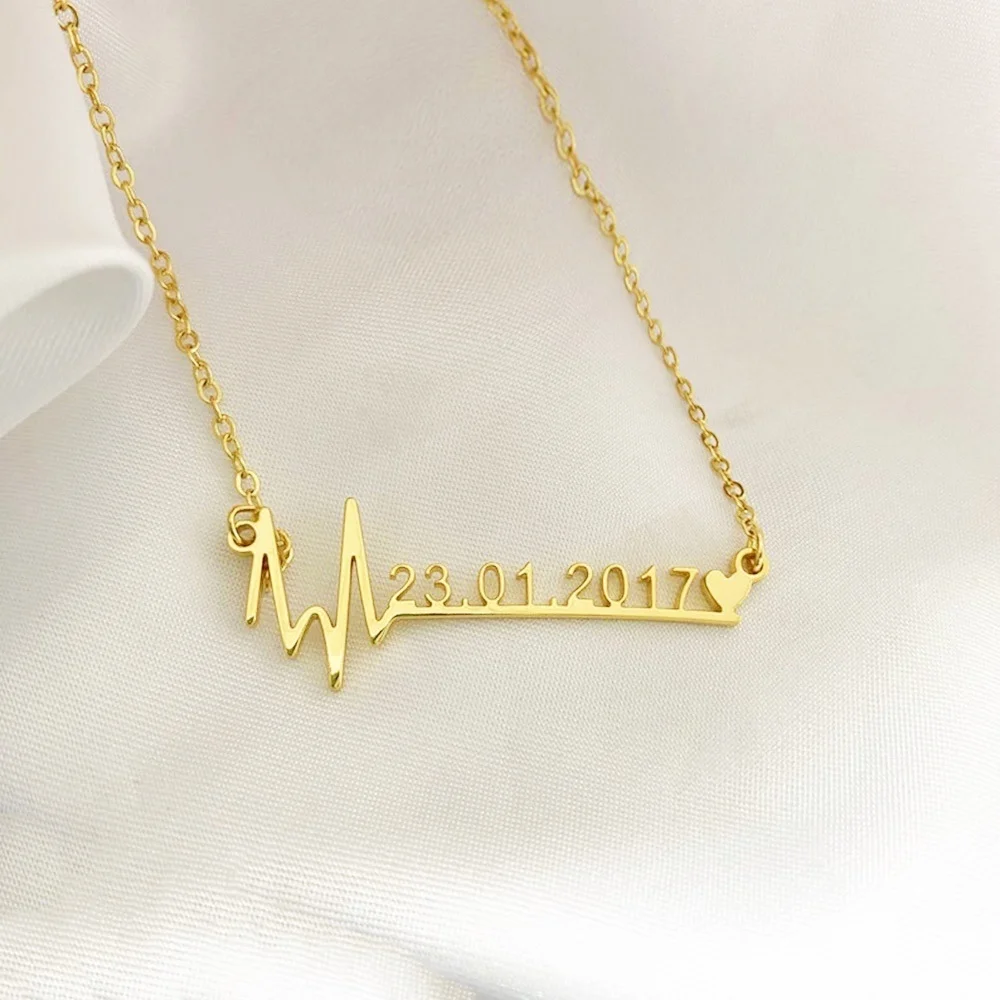 

Memento Custom Date Of Birth Necklace Personality Heartbeat Pendant Anniversary Stainless Steel Women Jewelry Birthday Gifts