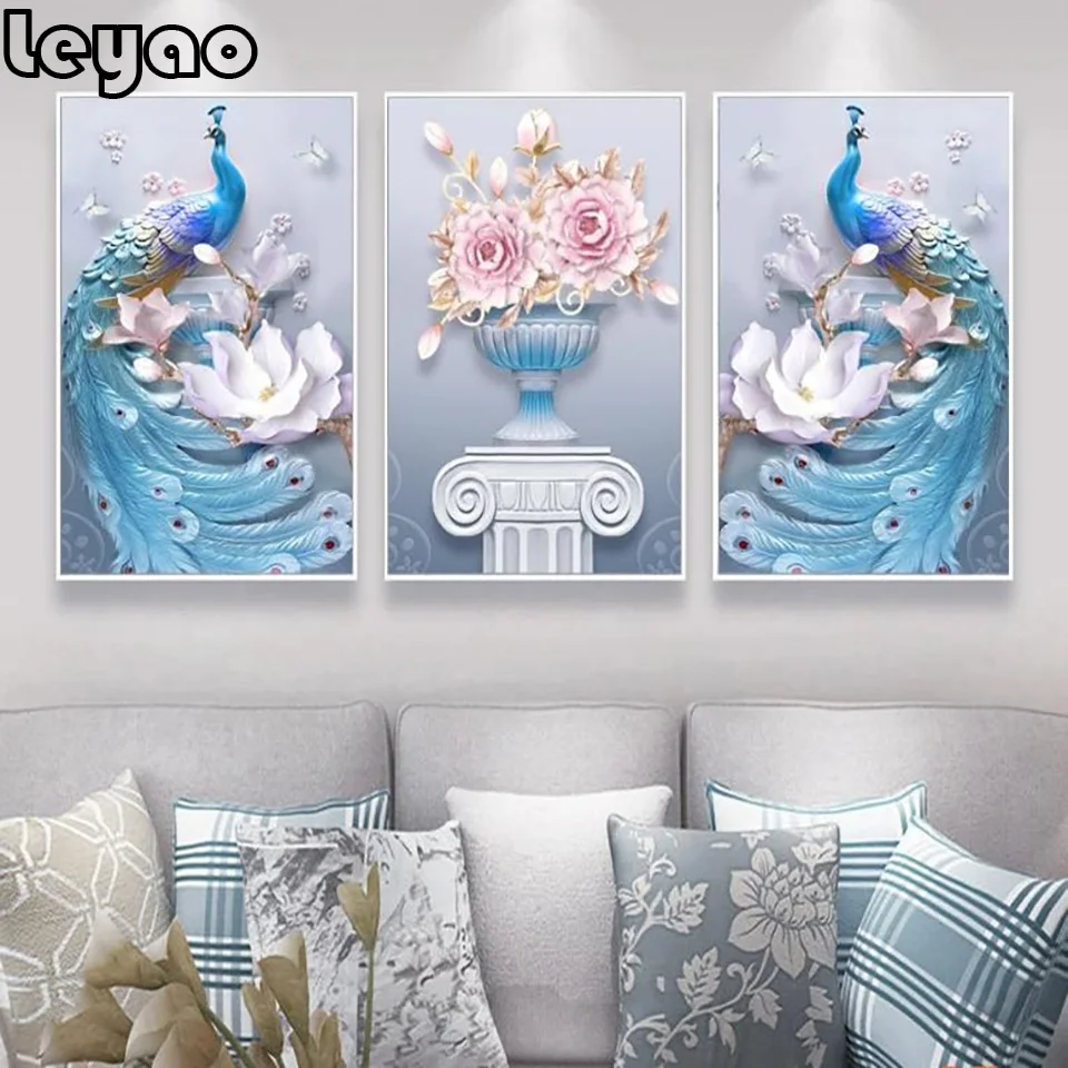 

New Western Style Abstract 3 Pieces Three-dimensional Couple Peacock Vase Diamond Painting Living Room Wall Art Pictures