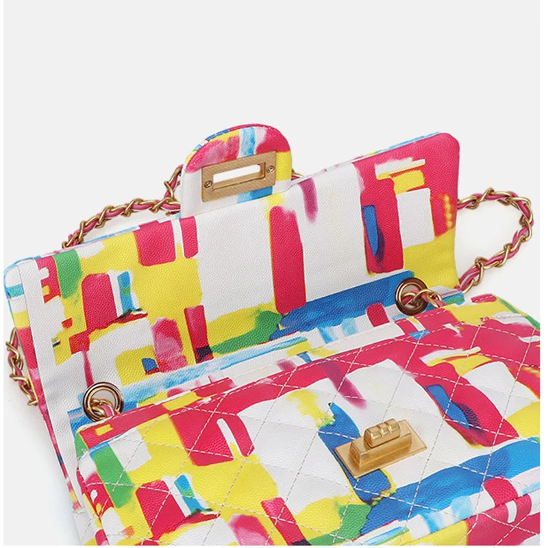 

Women Bag 2019 New Rainbow Color Shoulder Bag Graffiti Printed Messenger Bag Luxury Ladies Quilted Crossbody Travel Chain Bag