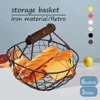 industrial style wooden handle metal retro basket portable multi function vegetable fruit egg groceries storage basket organizer