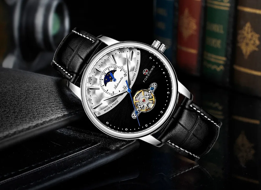 Классические Механические часы Forsining Blue Moon Phase, автоматические турбийон, мужские часы из натуральной кожи, мужские часы, Прямая поставка