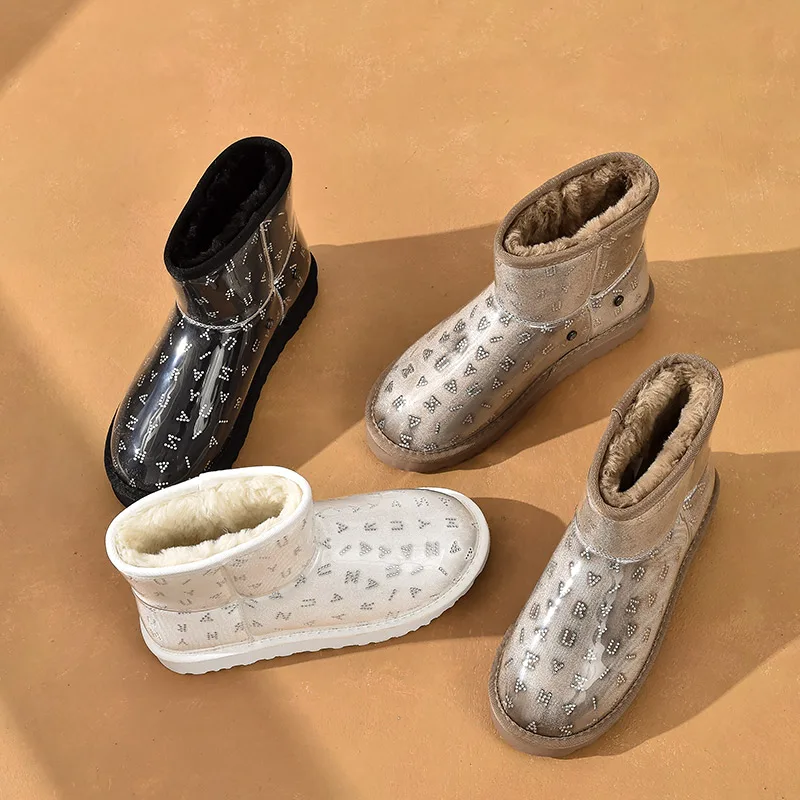 BeauToday для снежной погоды Женские прозрачные Ботильоны круглый носок Стразы