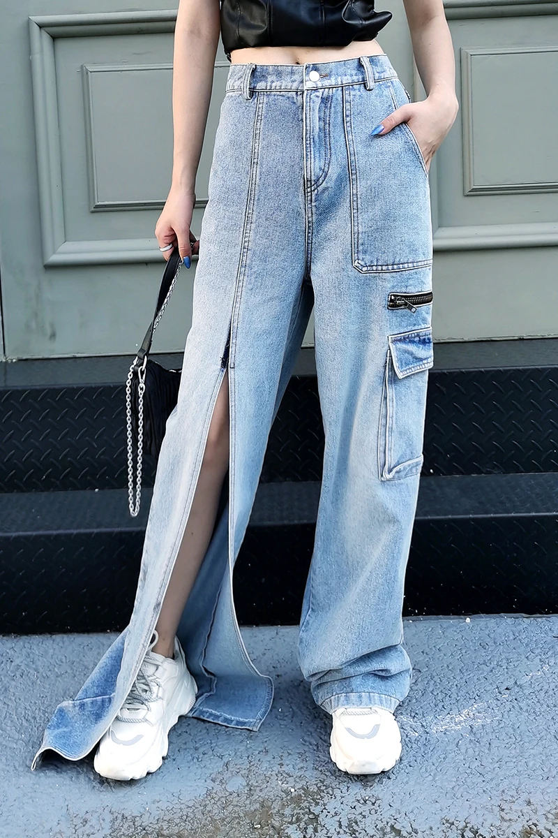 

2020 summer fashion denim 2020 personalized zipper split pocket jeans women all-match wide leg pants casual K075