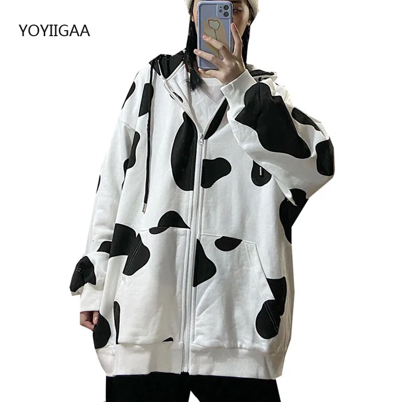

Autumn Winter Women Hoodies Cow Printed Ladies Sweatshirt Zip Up Outerwears Fashion Warm Female Hooded Tops Casual Woman Hoodie