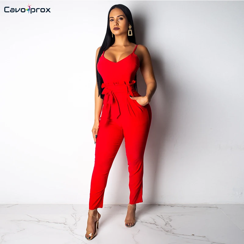 Женский комбинезон на бретельках с оборками и поясом, повседневный однотонный Облегающий комбинезон с глубоким v-образным вырезом, летняя уличная одежда, комбинезоны размера плюс - Цвет: Красный