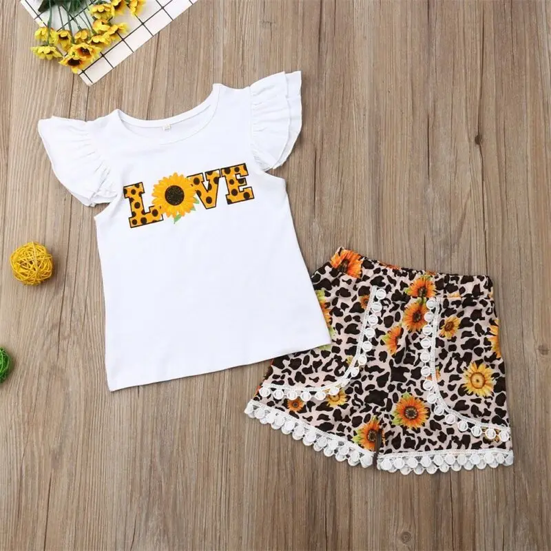

Summer Fashion Kids Baby Girl Sets Clothes Fly Sleeve T-shirt Tops+Leopard Sunflower Shorts 2Pcs Child Girl Cotton Outfits 1-6Y