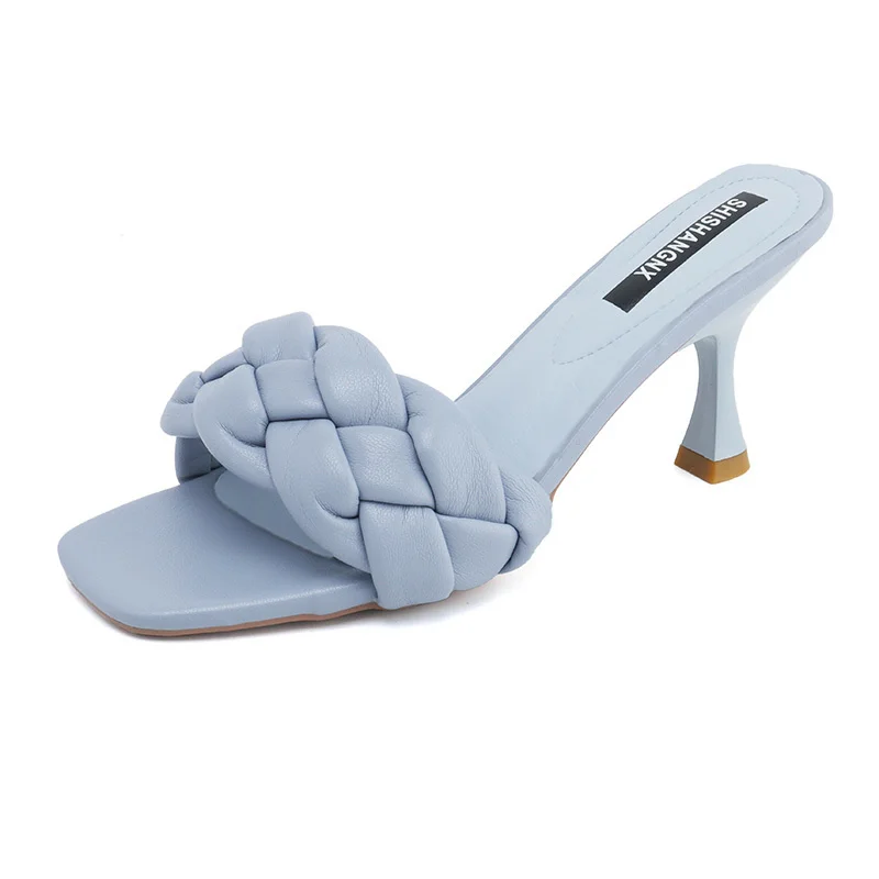 

Weave Designer Women Slipper Ladies Thin High Heel Sandal 2021 New Summer Slip-On Open Toe Brown Outdoor Slides Flip Flop Shoe