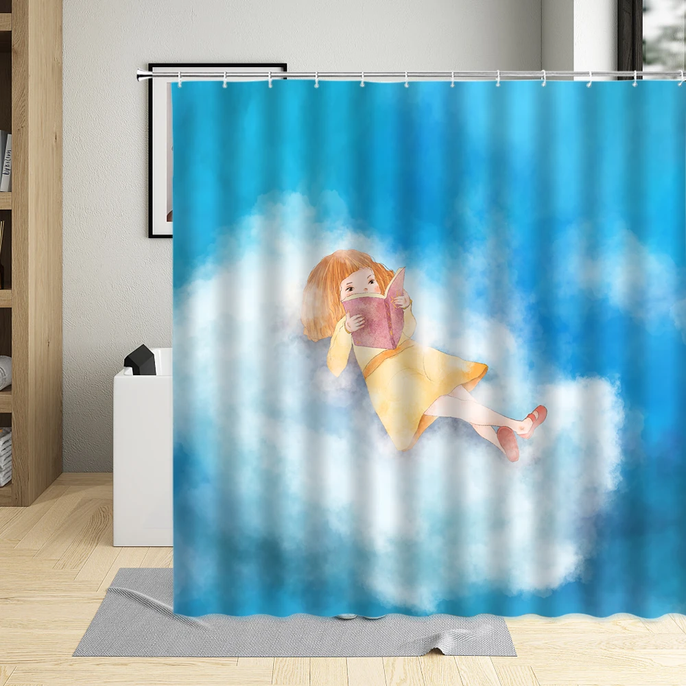 

Cartoon Girl Childs Shower Curtain Green Grass Cat Reading Boy Illustration Bathroom Decorative Polyester Washable Fabric Hooks