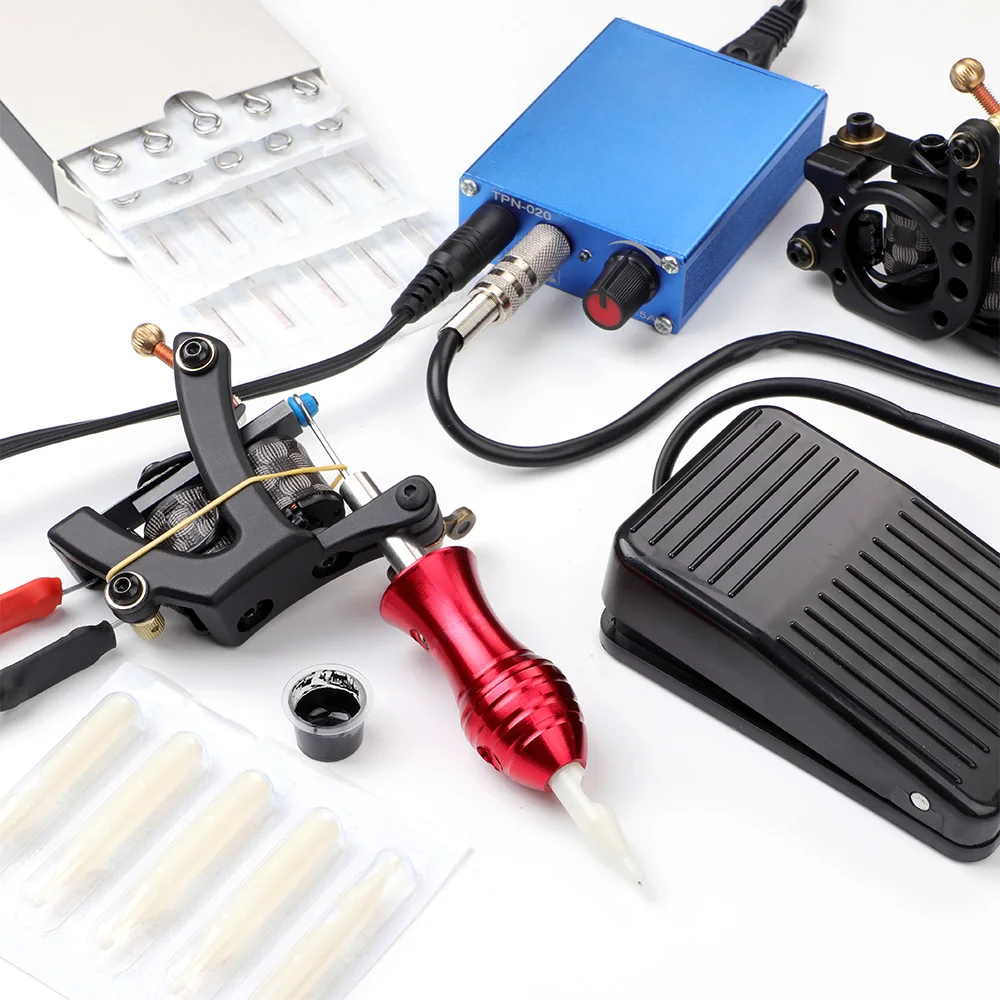 Клеймо татуировки Полный комплект 2 машины 1 источник питания 10 чернил ручки 20