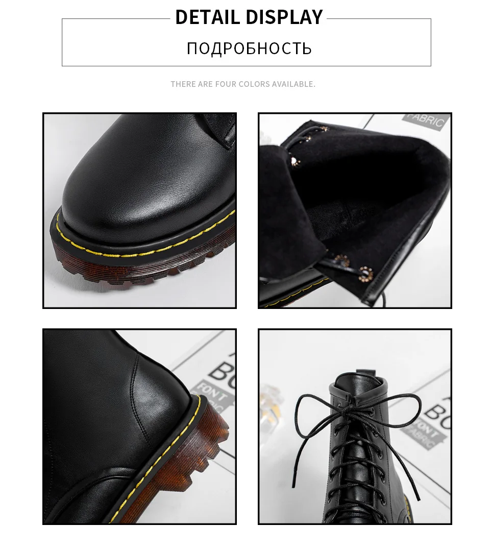 ENMAYER/г. Мотоциклетные ботинки из PU искусственной кожи с круглым носком зимние ботинки на шнуровке женская обувь на квадратном каблуке с коротким плюшем, красивая женская обувь черного цвета размеры 34-43