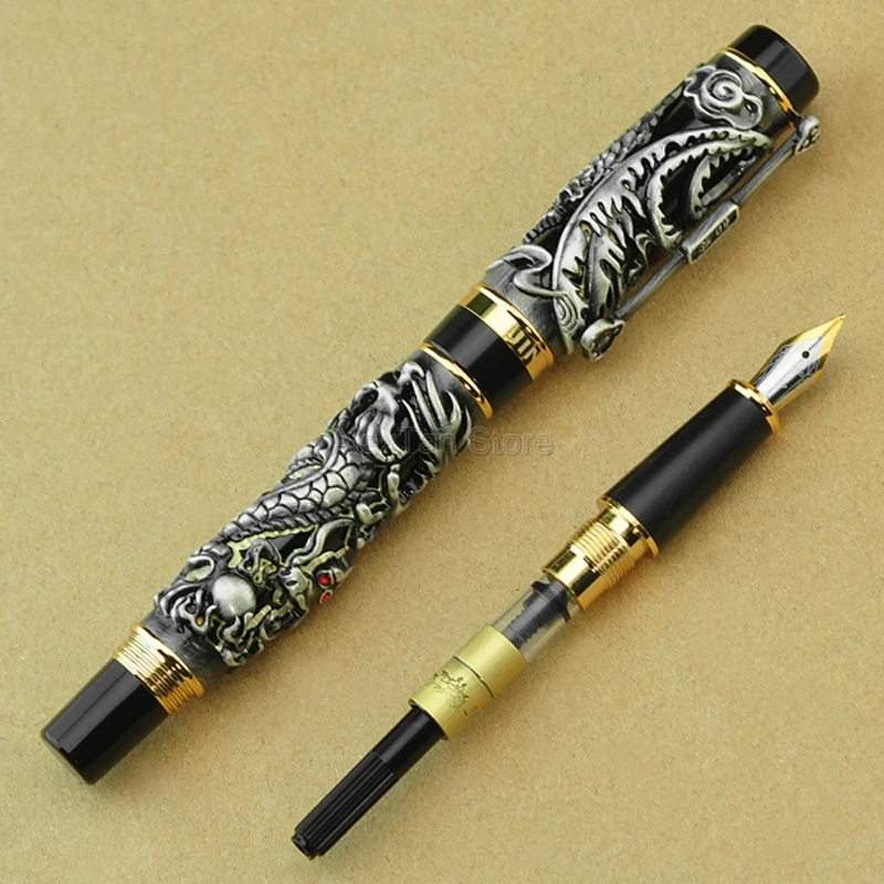 

Jinhao Elegant Dragon Phoenix Vintage Fountain Pen, Metal Carving Embossing Heavy Pen, Noble Gray & Black for Office School Uses