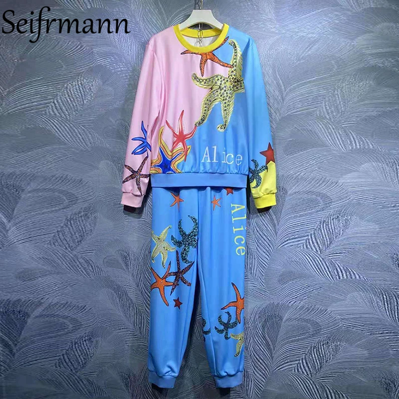 

Seifrmann New 2021 Autumn Women Fashion Designer Pants Suits Lantern Sleeve Crystal Pullovers Tops + High Waist Print Pants Suit