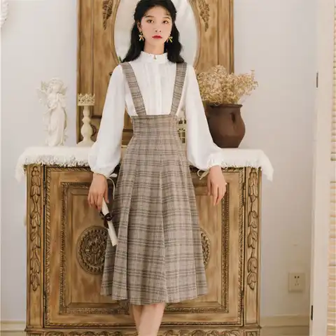 Women Skirt 2023 Fashion Saia Ladies Strap Skirts Womens Casual High Waist Long Vintage Summer Plaid Skirt