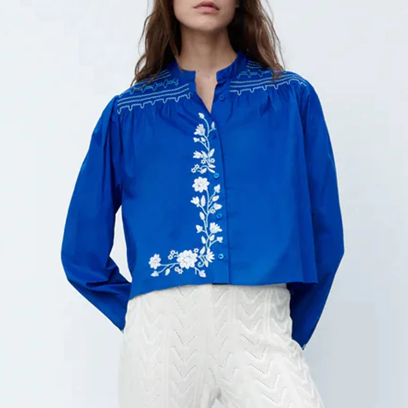 

TRAF Za 2021 Floral Blouse Women Button Up Shirt Woman Embroidery Blue Shirt Ladies Long Sleeve Ruched Cropped Summer Tops