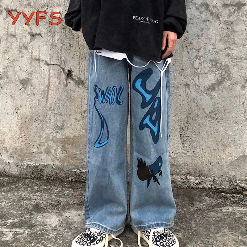 

Casual Jeans Pant Woman Long Trousers Cowboy Female Loose Straight Wide Legs Streetwear Hit Color Graffiti Print Pants