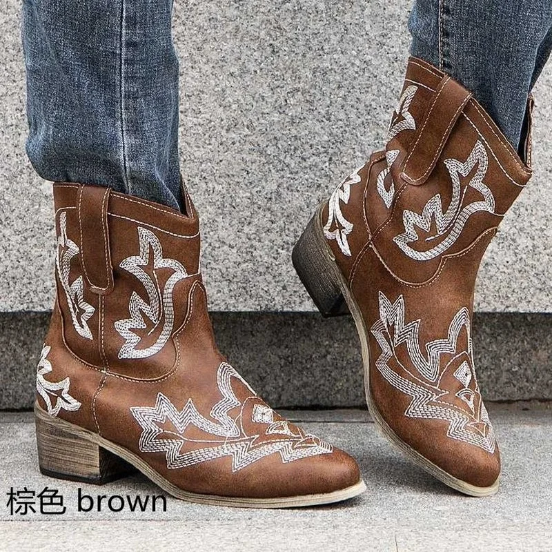 

2021 New Long Boots Women Boots Short Western Cowboy Boots Autumn And Winter Retro Mid-Heel Shoes Thick Heel Embroidery Boots