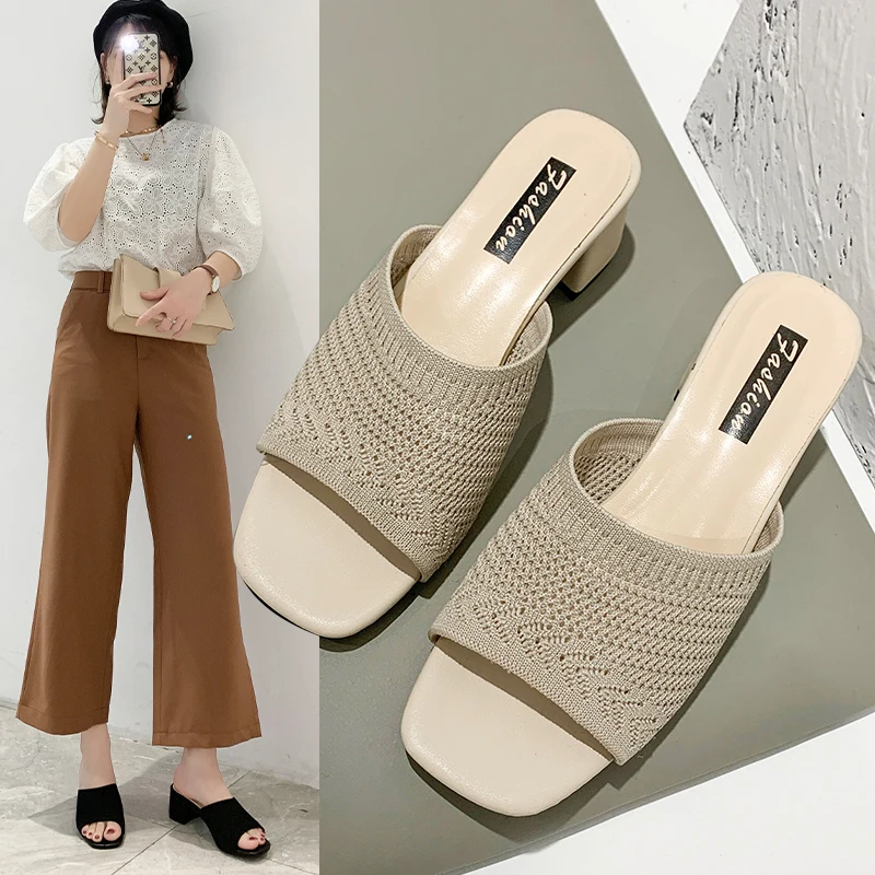 

2021 New Summer Sandals Women Shoes Women Mules Slides Peep Toe Square High Heels Sandals Female Shoe Casual Square Heel 35-39