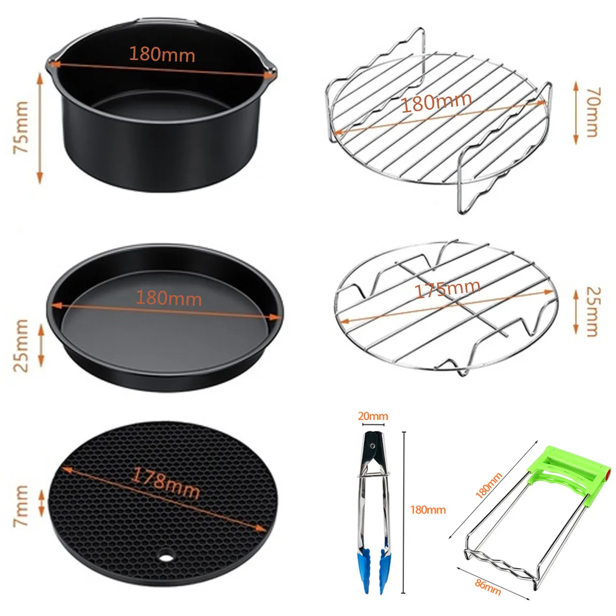 7PCS 7" Air Fryer Accessories Cooking For 3.7QT-5.3QT Food Dish Plate Food Clip Pan Cake Barrel Silicone Mat Fit all Airfryer