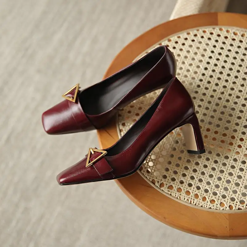 

Korean Streetwear Full Grain Leather Buckle Decorations Square Toe Thick High Heel Slip on Modern Noble Women Pumps