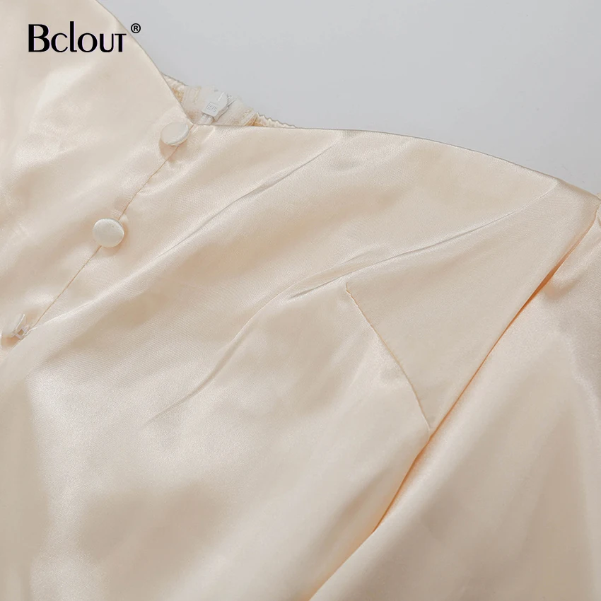 Bclut бежевое мини-платье с квадратным воротником женское элегантное шелковое