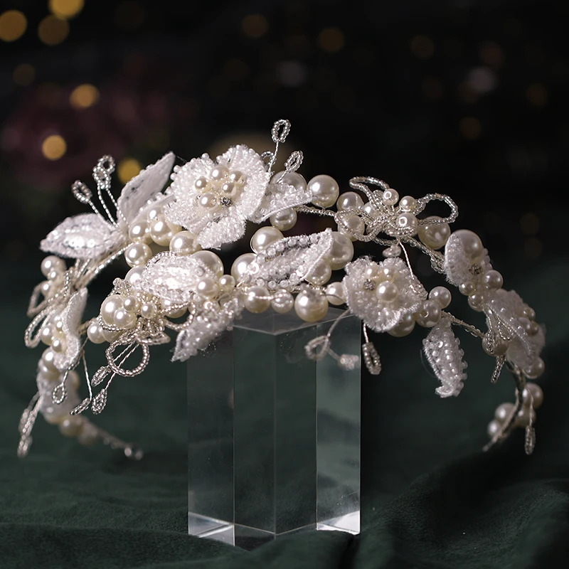 Silver Color Pearl Crystal Hairband Tiara Headbands Bridal Hair Jewelry Wedding Hair Accessories Flower Women Party Hair Vines