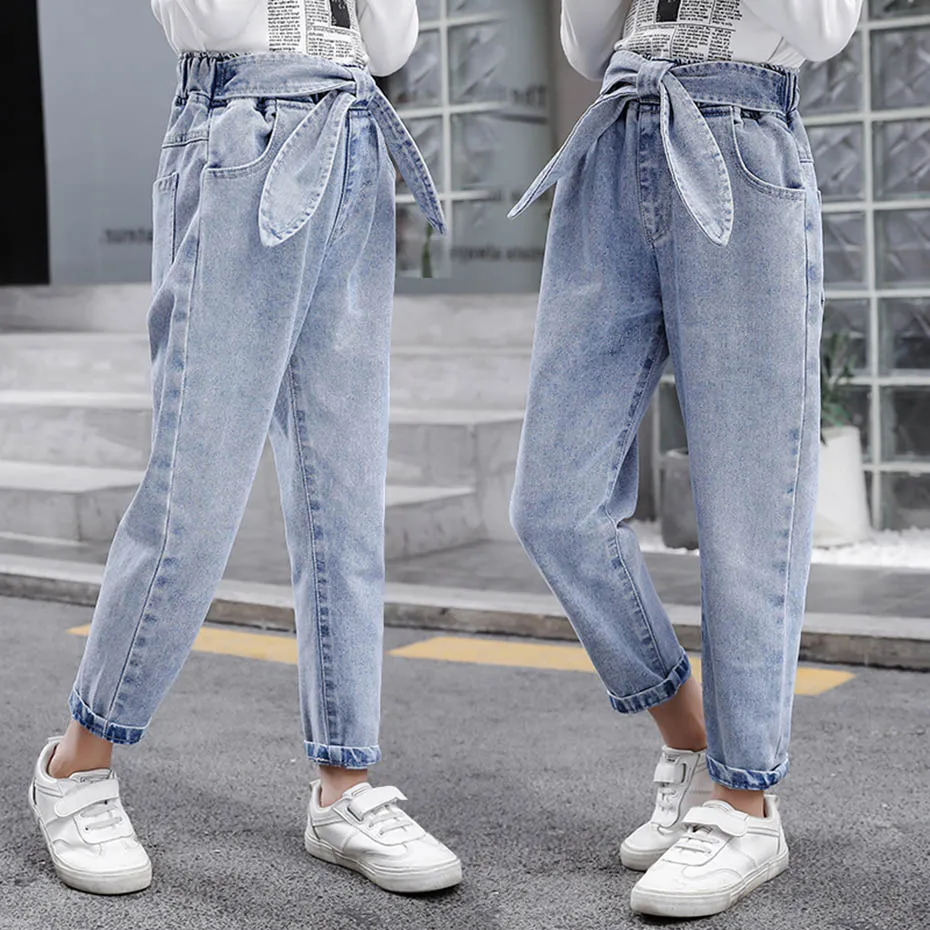 

2021 Spring Kids Jeans Girl Solid Jeans For Girls Fashion Bow Girls Jeans Pants Autumn Casual Girls Clothes 6 8 10 12 14 Year