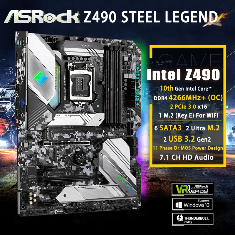 Billig LGA 1200 ASRock Z490 Stahl Legende Motherboard DDR4 128GB DDR4 2133MHz PCI-E 3,0 M.2 Overlocking Desktop Z490 Placa-Mãe 1200