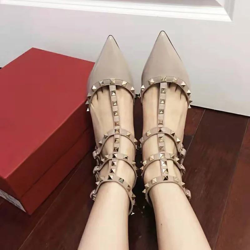 

2021 Summer women's high heels pointed toe sandals designer luxury leather with rivets 6cm 8cm ladies wedding shoes 34-41
