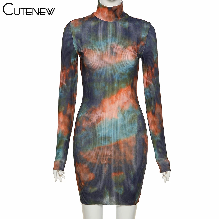 

Cutenew Autumn Turtleneck Ribbed Colorful Print Bodycon Casual Dress Long Sleeve Fashion High Quality Elegant Skinny Streetwear