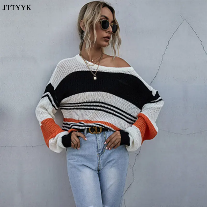 

2021 Autumn/Winter New Sweater Women's Casual Loose Long-Sleeved Sweater Three-color Stitching Striped Sweater Women's Shirt Top