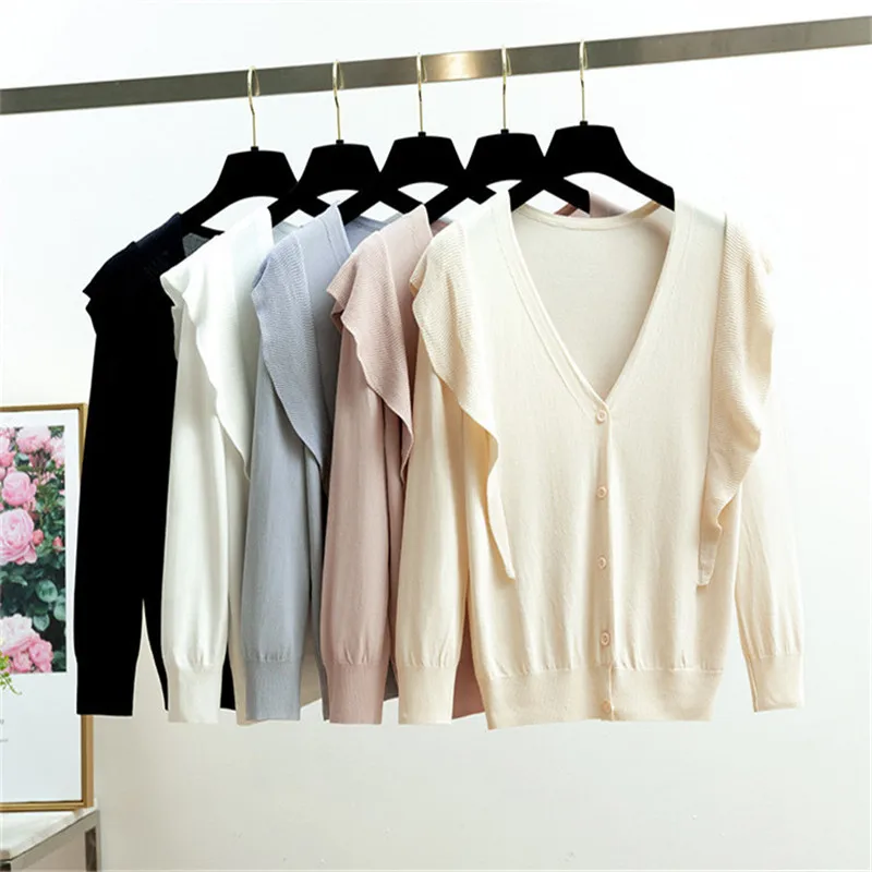 

Thin Knitted Pullovers Sweater Women Summer V-neck Casual Ruffles Solid Sweater 2020 New