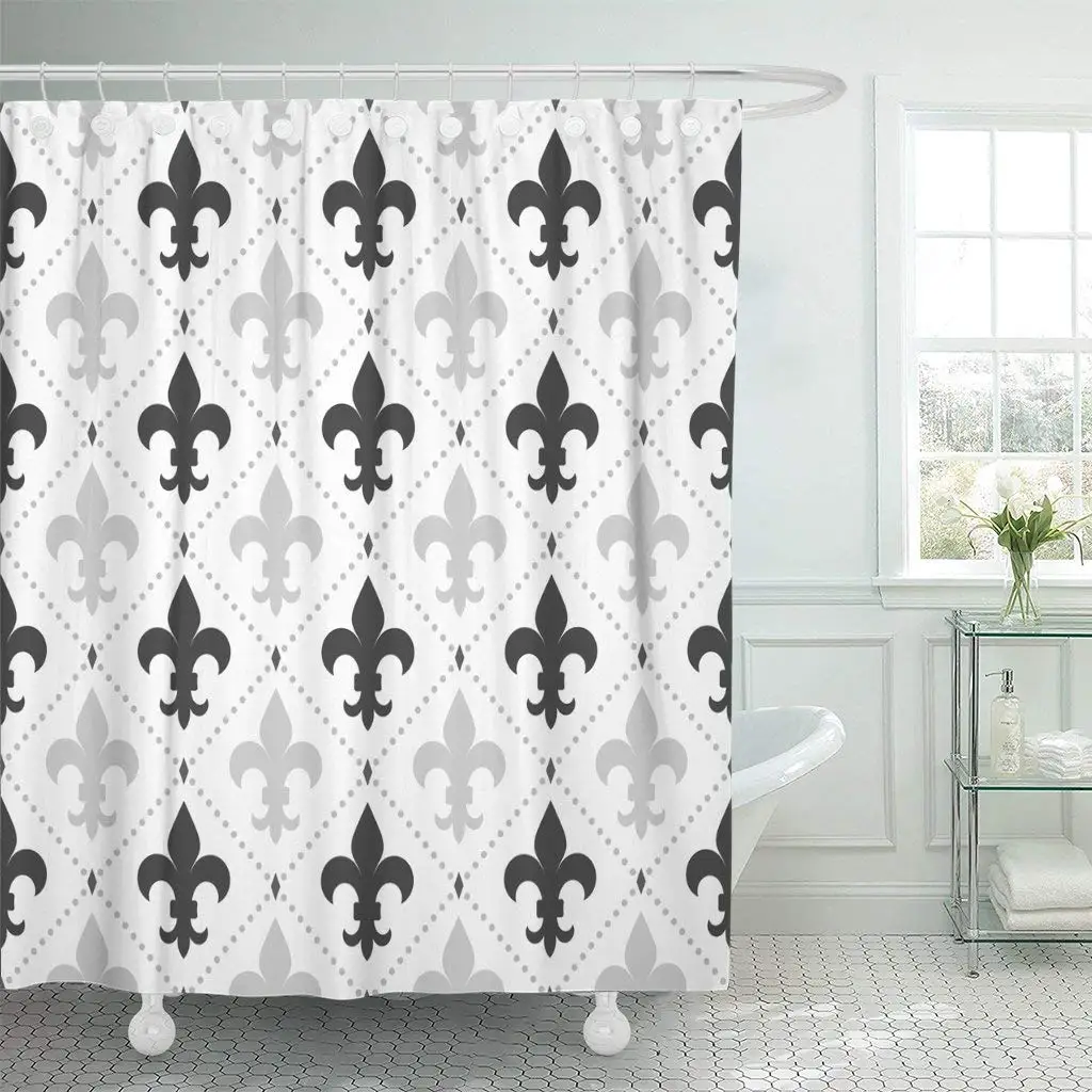 

Shades of Gray Light and Dark Fleur De Lis Shower Curtain Waterproof Polyester Fabric 60 x 72 Inches Set with Hooks