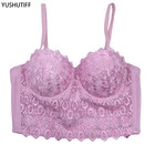 Топ женский кружевной с чашками, пикантный Укороченный бюстгальтер с вышивкой, укороченный топ для ночного клуба вечерние НКИ, укороченный топ с чашками пуш-ап, лифчик со встроенным бюстгальтером