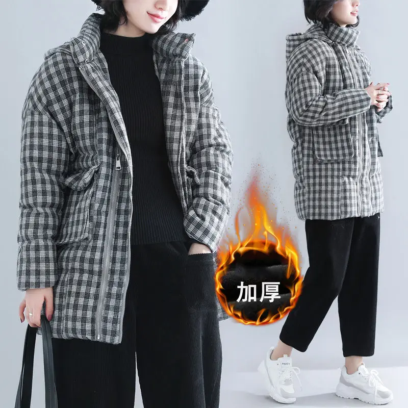 

Detachable Hooded Jacket Winter Women Big Size Plaid Cotton Clothes Loose Thick Warm Woolen Bread Coat Casual Short Parka M1762