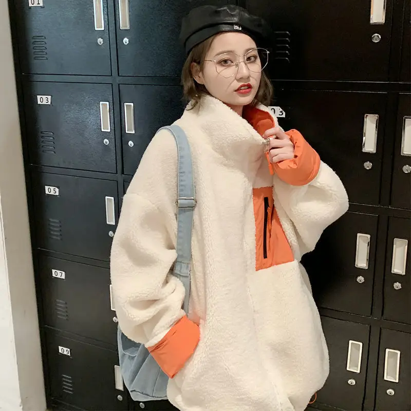 

Front and back lambskin coat women's autumn / winter 2020 new splicing loose casual short cotton padded coat for students
