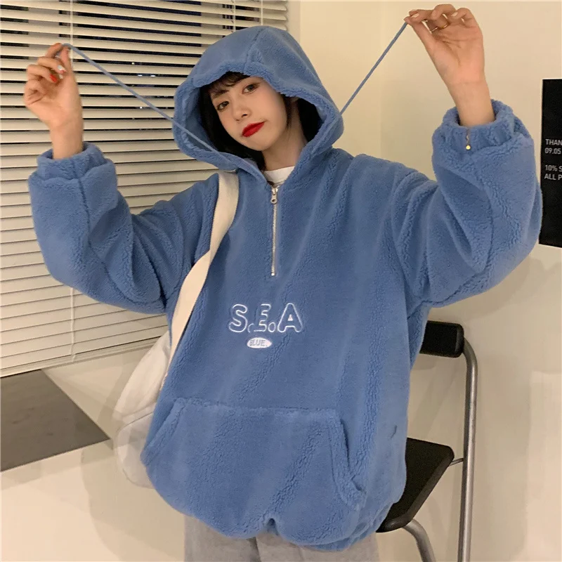 

Толстовка из овечьей шерсти Женская, осенне-зимний УТЕПЛЕННЫЙ ТОП на флисовой подкладке в японском и нежном Корейском стиле для ранней осен...