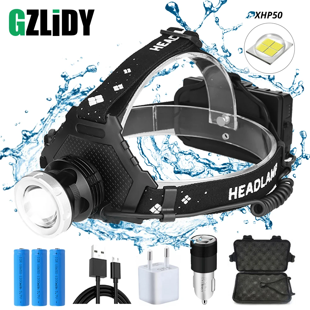 

Мощные светодиодсветодиодный Налобные фонарики XHP50, перезаряжаемые через USB, 5 режимов, водонепроницаемые Налобные фонарики с зумом, можно з...