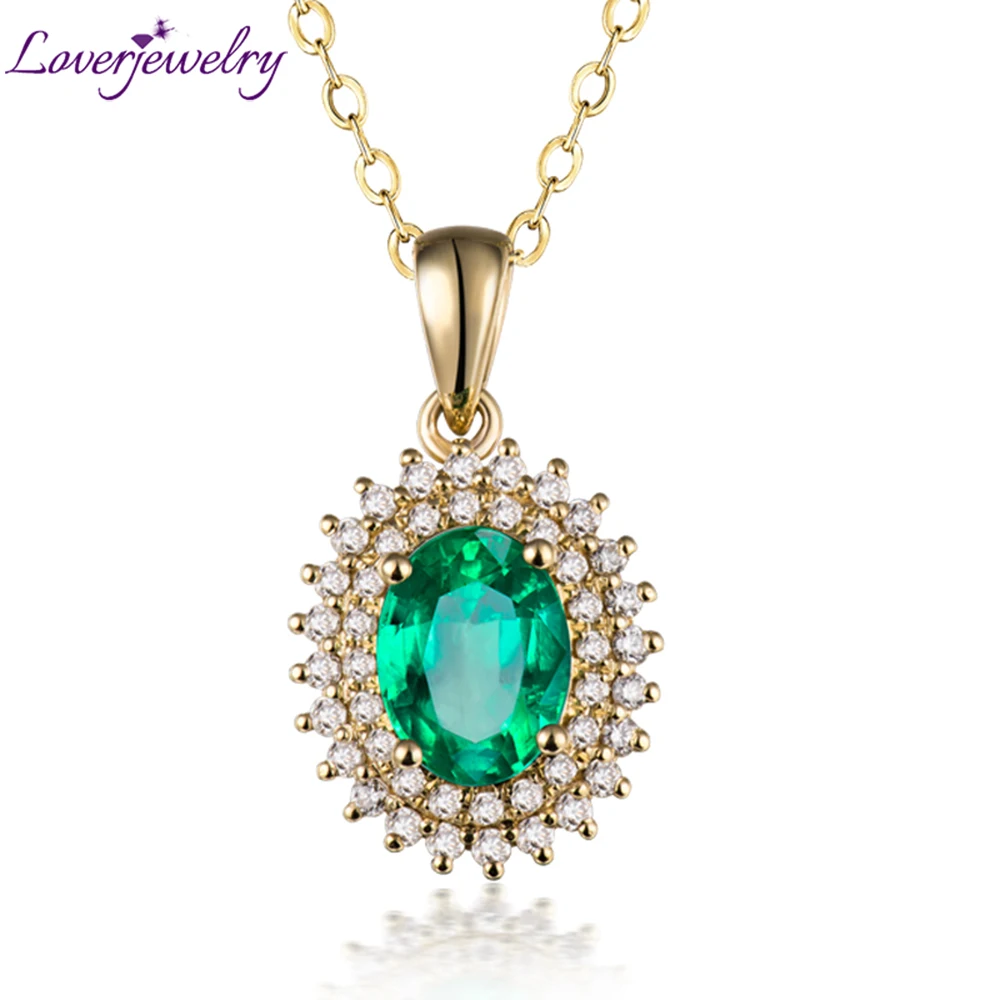 

LOVERJEWELRY Emerald Pendant for Party Women Real 18KT Yellow Gold 100% Genuine Diamonds Zambia Natural Emerald Necklace Pendant