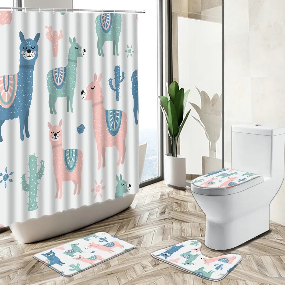 Prezzo Simpatico Alpaca Tenda Da Doccia Cartone Animato Divertente Animale Bradipo Scimmia Tropicale Cactus Pianta Antiscivolo Piedistallo Tappeto Copriwater Set Da Bagno