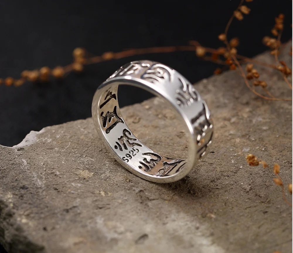 

Jinwateryu S925 sterling silver six-word mantra Daming retro Thai silver archaize style ring wholesale ladies and men